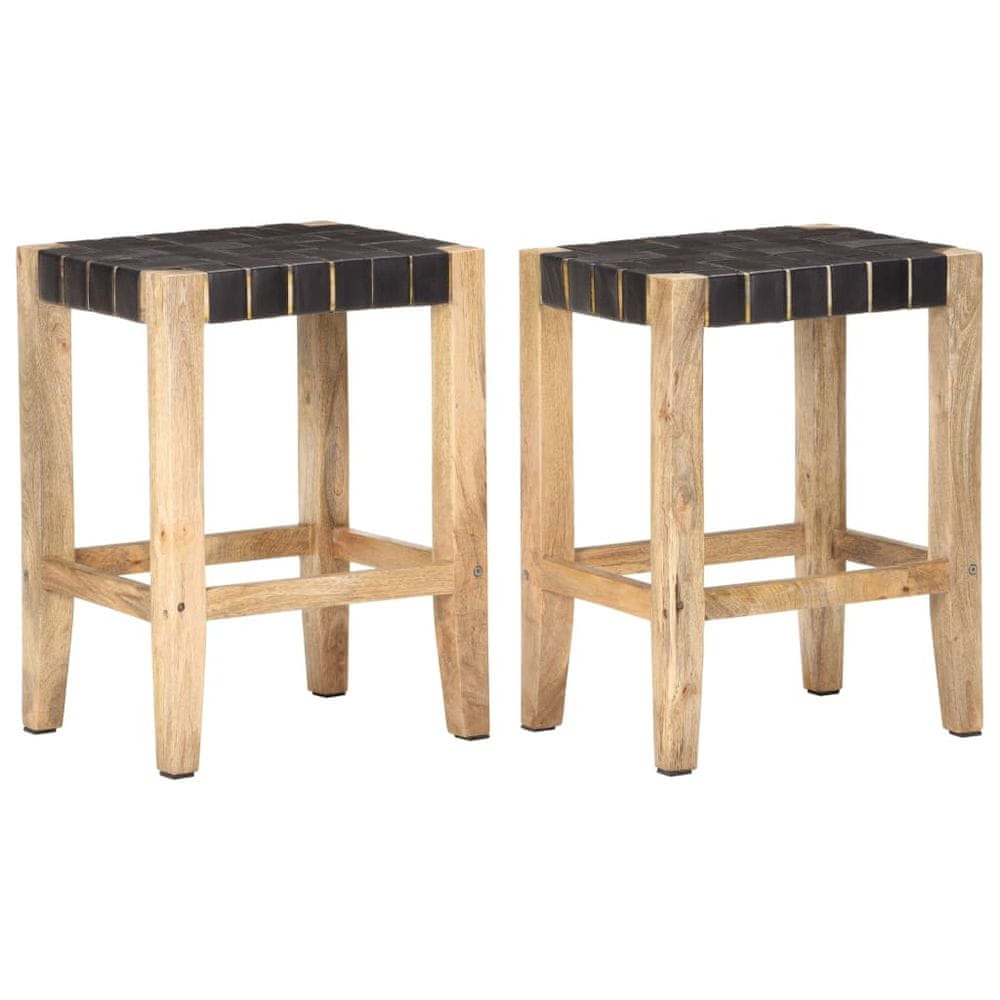 Vidaxl Barové stoličky 2 ks čierne koža a mangovníkový masív 46x36x60 cm